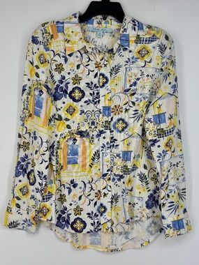 Blue Sol Womens Small Button Front Shirt Mediterranean Italy Floral Blue Yellow